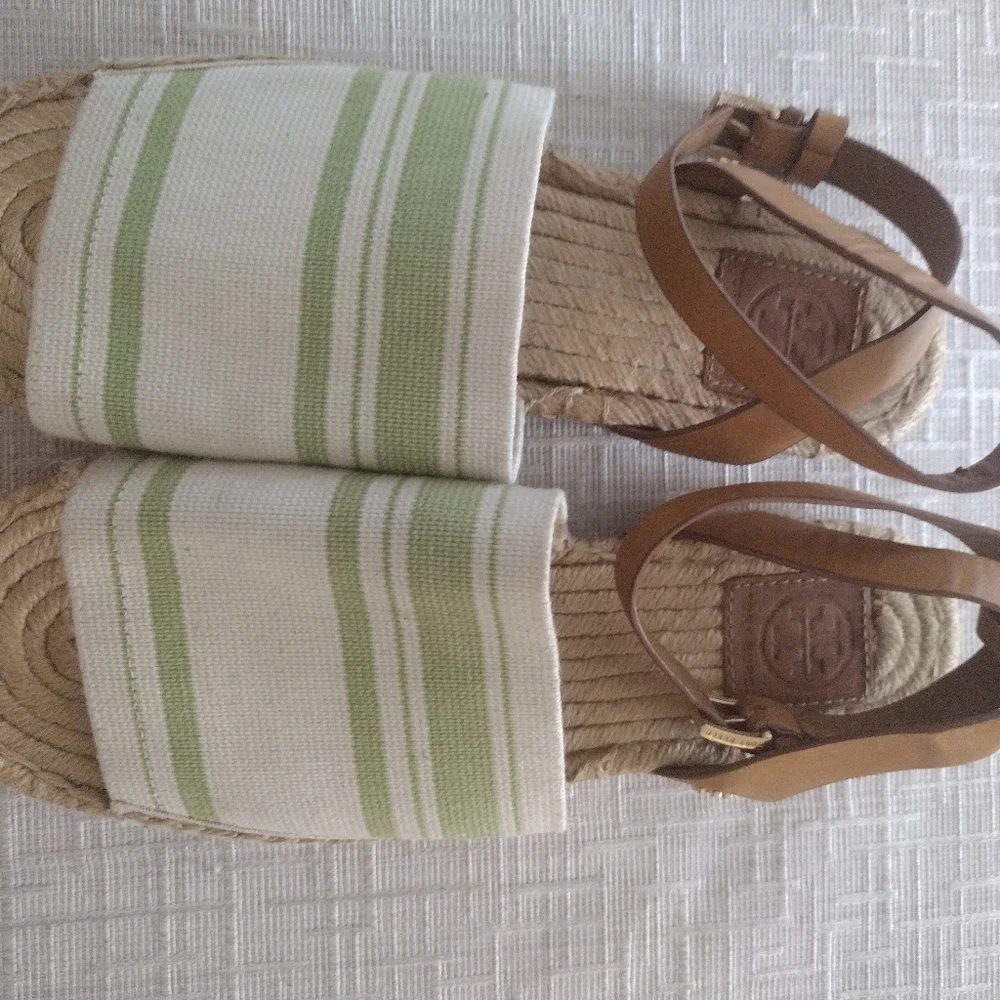 Tory Burch Logo Espadrille Sandals Shoes Womens Sz 8.5 Brown Green Beige Strappy